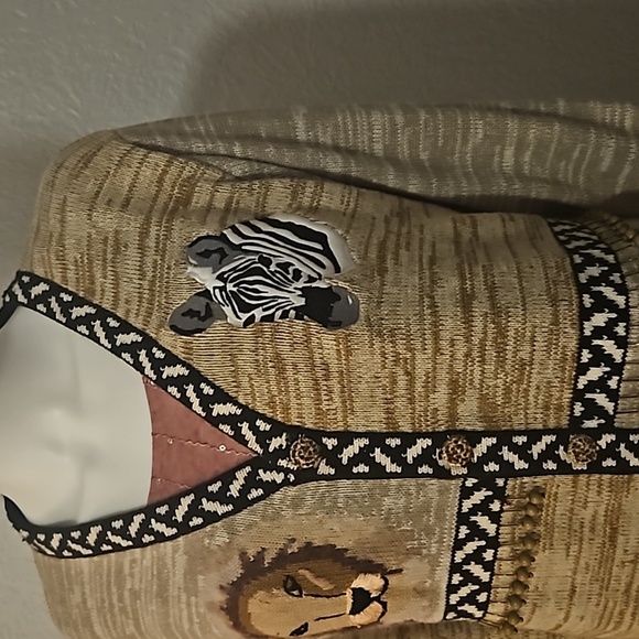 VTG STORYBOOK KNITS 1980s African Tribal Animal Print Marled Cardigan Sweater - Picture 6 of 16